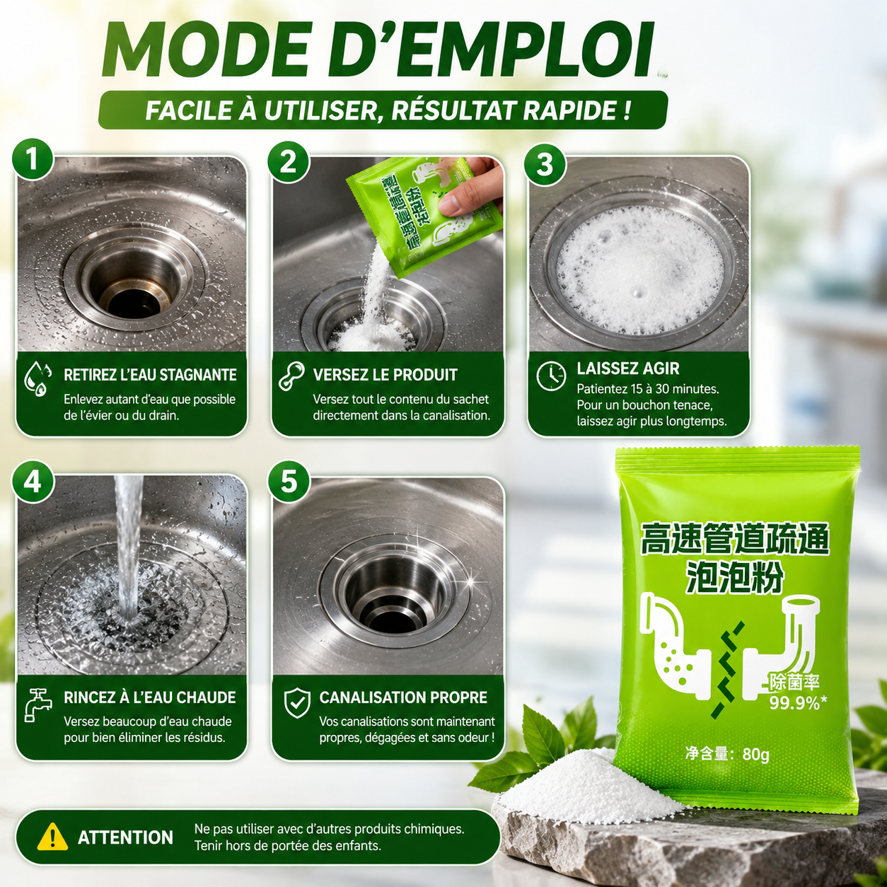 🌿 Poudre Déboucheuse Canalisations — Action Rapide